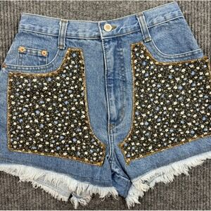 Vintage Steel Jeans Denim Shorts Women 7 Blue Floral Patchwork Cut Off High Rise
